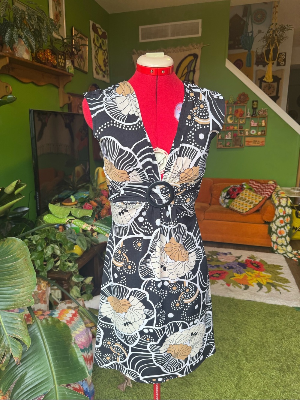 Vintage Y2K Black Floral V-Neck Belted Dress